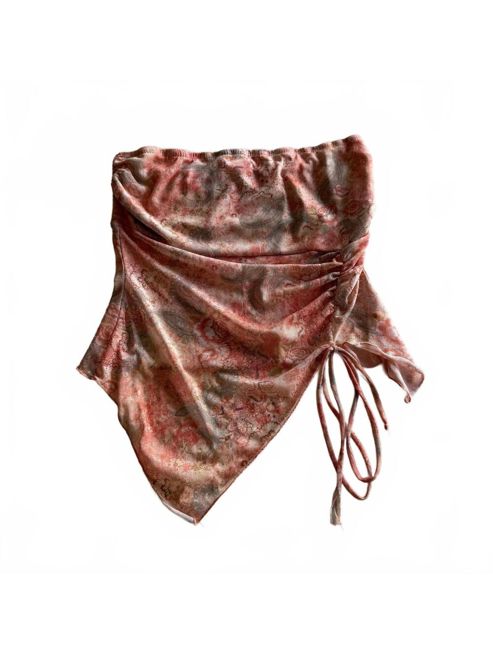 See you Monday Whimsical Floral Strapless Asymmetrical Top Drawstring Detail